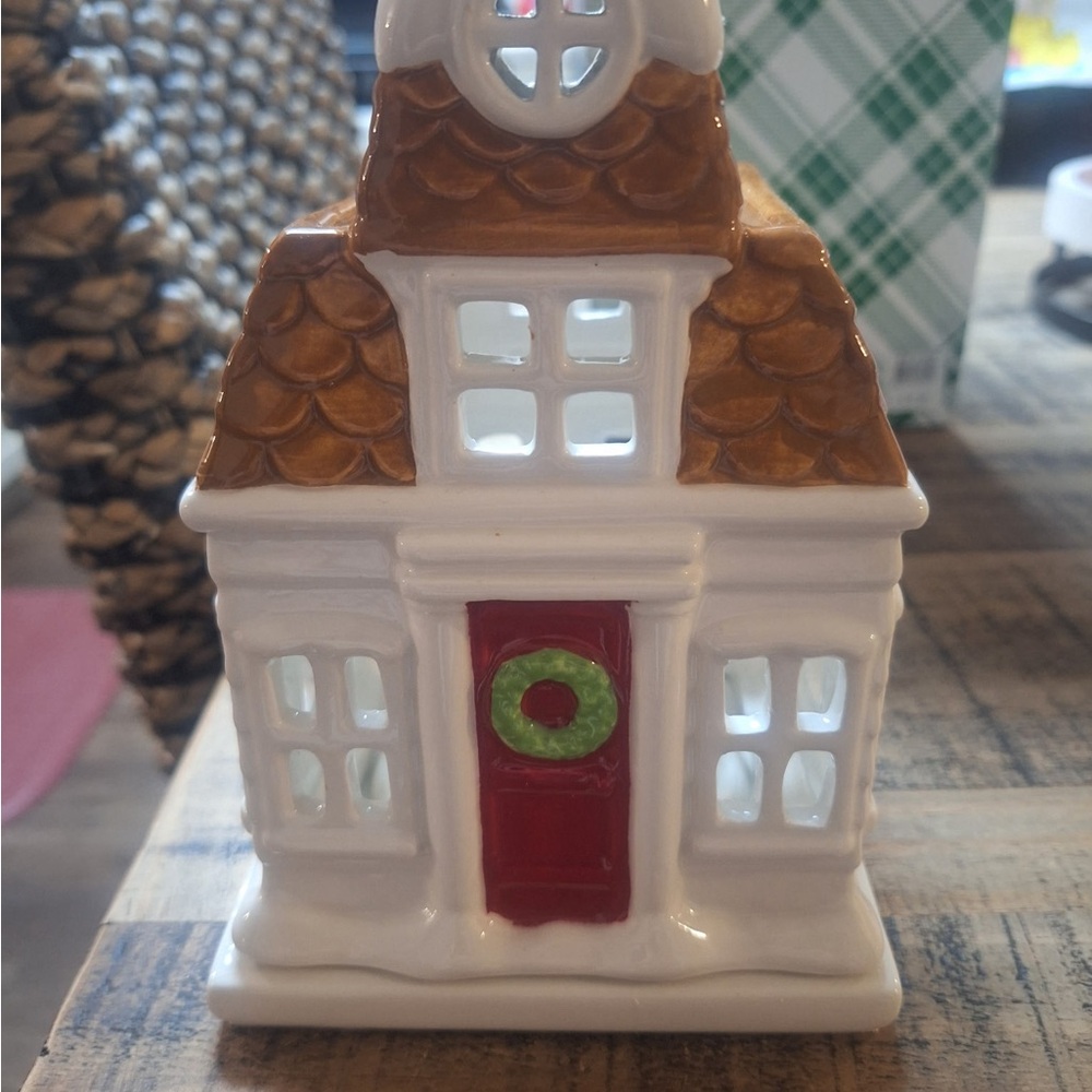 Festive Ceramic Holiday House with Red Door